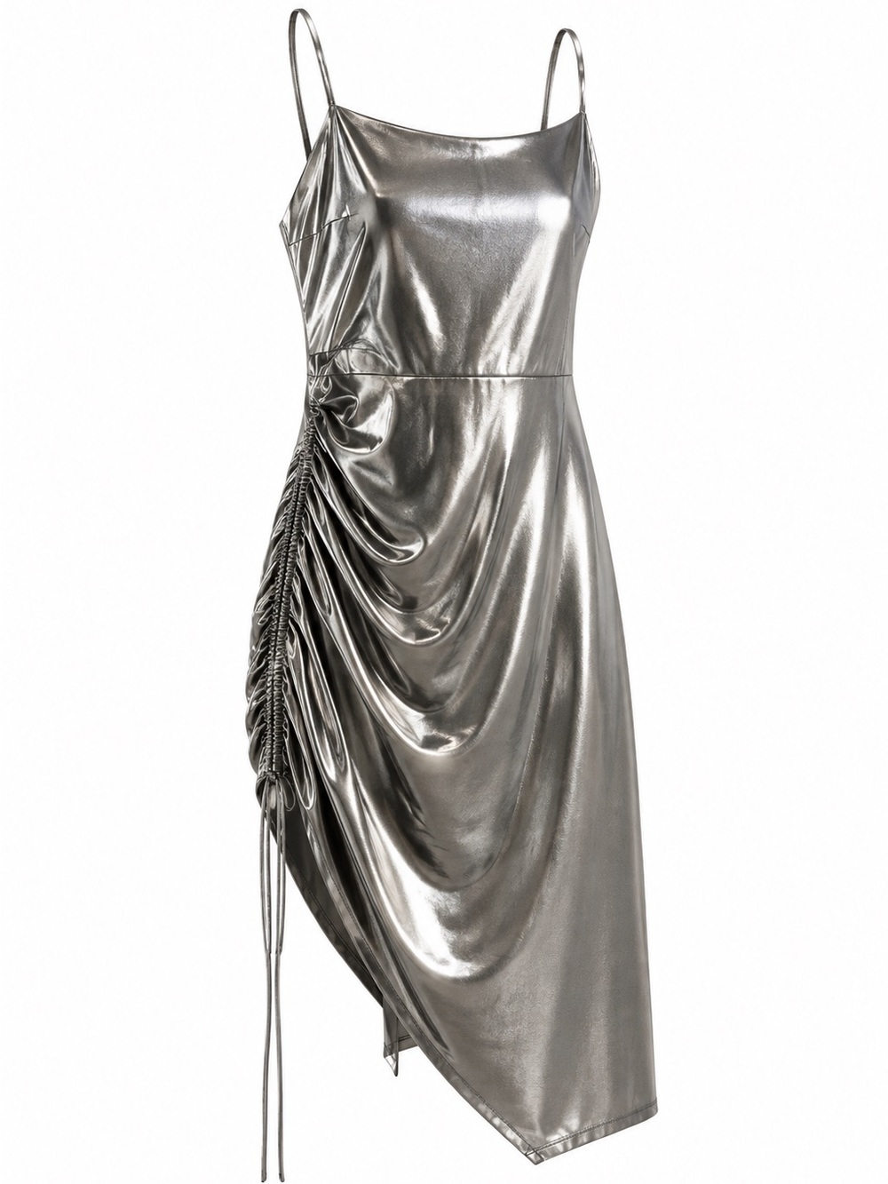 Cider Metallic Silver Assymetrical Ruched Slip Dress
